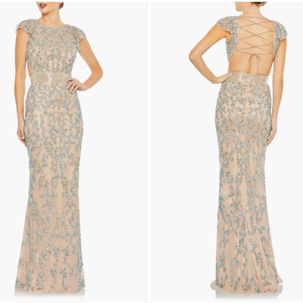 MAC DUGGAL 5689 EMBELLISHED CUT OUT LACE UP BACK CAP SLEEVE NUDE MULTI GOWN 8